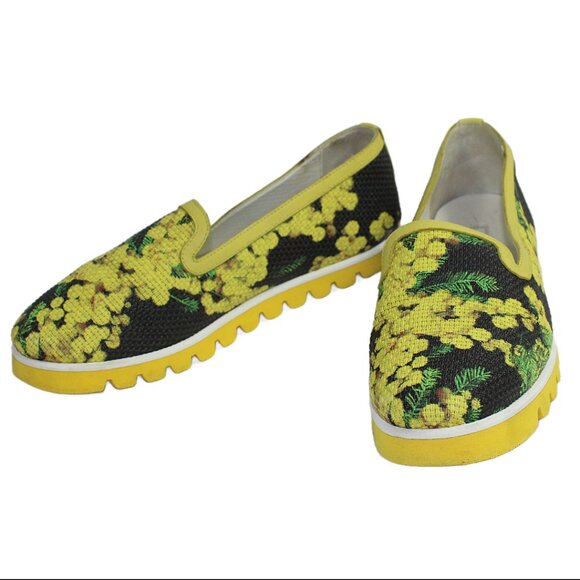 Dolce Gabanna Black Yellow Flower Printed Canvas Slip on Espadrilles, Size 6.5 - Picture 1 of 9
